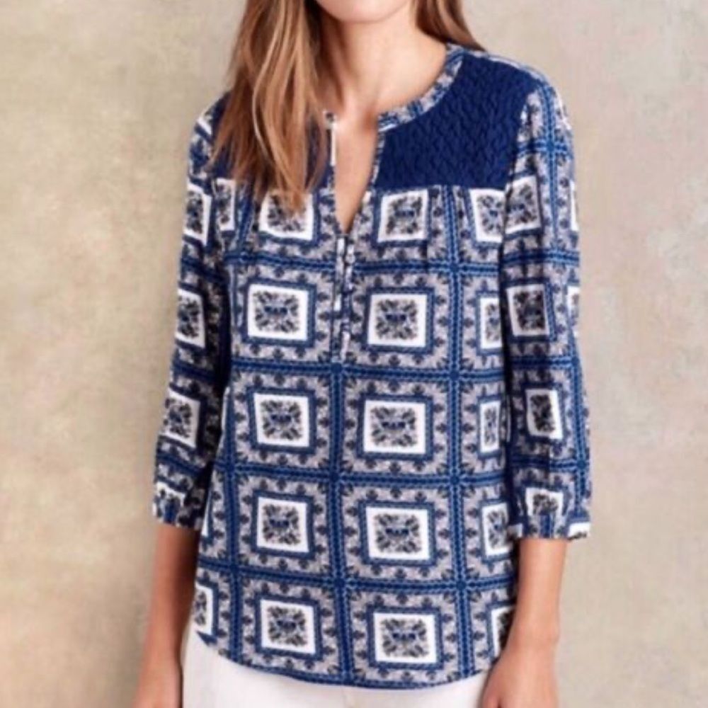 Anthropologie Blue and White Patterned Blouse